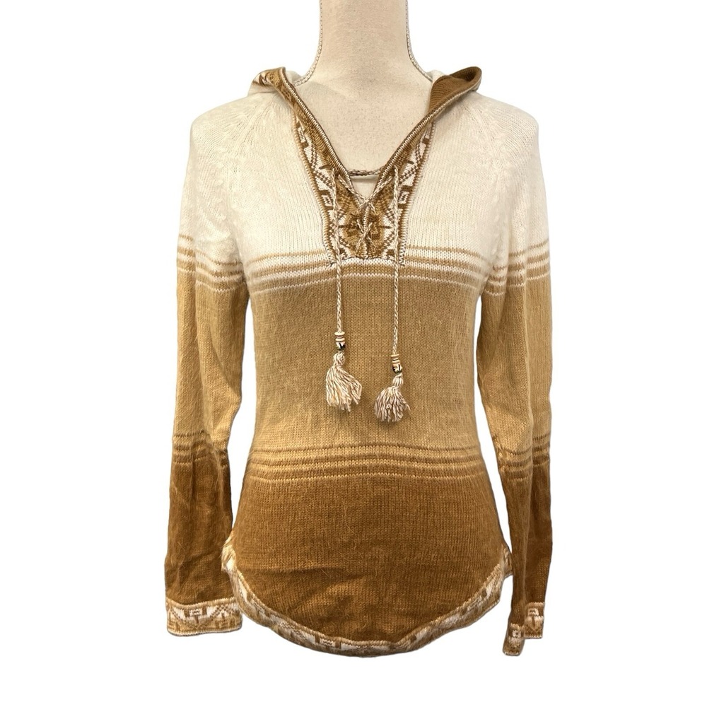 Alpaca Fina 100% Alpaca‎ Wool Ombre Hooded Sweater Lace Up Tassel Peru Tan Small
